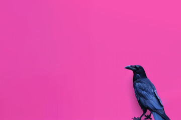 corbeau noir de profil, oiseau considéré comme maléfique et malveillant sur fond rose vif avec espace négatif copy space. Halloween moderne et féminin - obrazy, fototapety, plakaty