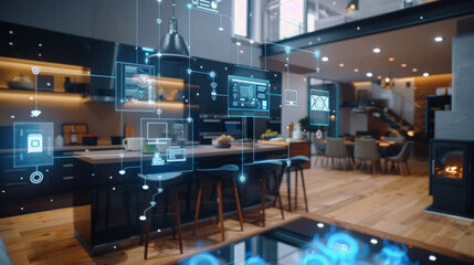 A modern home interior is overlaid with futuristic graphical user interface elements, symbolizing smart home technology and digital connectivity within a domestic space. - obrazy, fototapety, plakaty