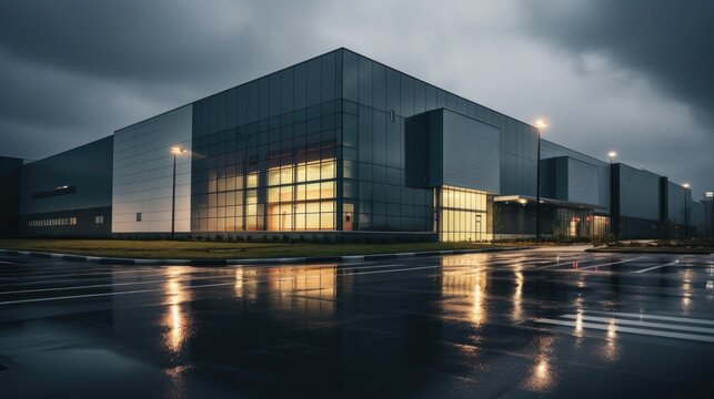 Modern sleek warehouse office building facility exterior architecture, steel, night, cloudy, overcast