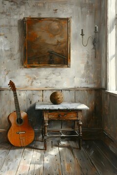  Oil painting of  guitar, set against a minimalist interior background,art work for wall art, home decor and wallpaper 