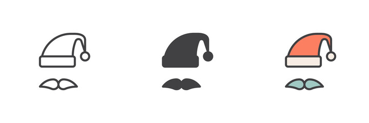 Santa hat and mustache different style icon set