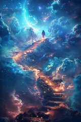A fantasy landscape with a person standing at the pinnacle of a mountain path that ascends into a starry night sky filled with clouds, stars, and cosmic phenomena.