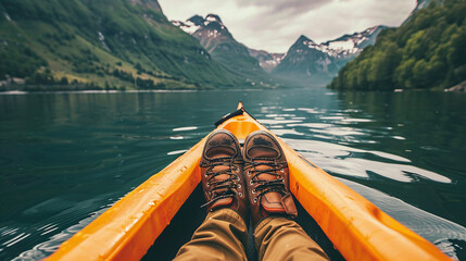 The feet of tourists kayaking on a lake surrounded by mountains is a beautiful landscape. Ai generate.