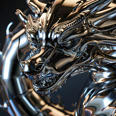 かっこいい銀色メタルの龍の顔、縁起の良い置物