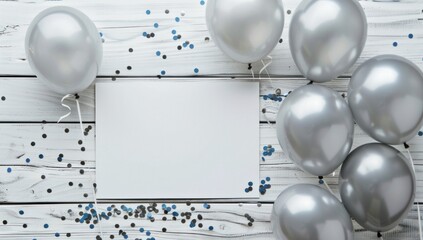 Festive Card with Balloons on Wooden Background