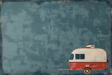 caravane de profil vintage sur un fond bleu texturé avec espace négatif copy space. Voyager autrement, sa maison avec soi. camping vacances - obrazy, fototapety, plakaty