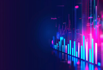 Modern Financial Tech Display: Neon Glow Bar Graph and Trading Charts on Dark Blue Gradient