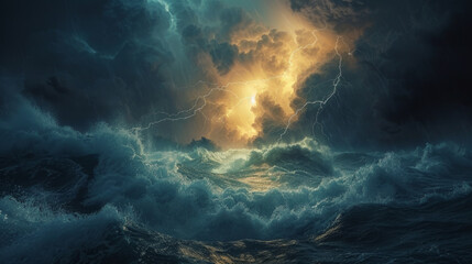 Dramatic ocean scene with dark swirling clouds illuminated by lightning bolts, casting a golden glow over turbulent sea waves. - obrazy, fototapety, plakaty