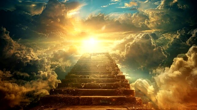 Scene of the stairs to heaven with a cloudy background, animated virtual repeating seamless 4k	