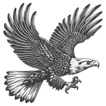 Flying eagle woodcut style drawing vector illustration