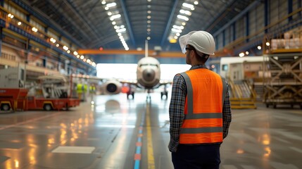 Young Technician in Reflective Vest Observes Airplane Assembly in Aircraft Hangar - obrazy, fototapety, plakaty