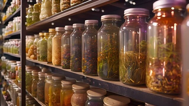 In our ingredient storage room rows of glass jars containing natural botanicals line the shelves each carefully sourced and traced back to its origin for full transparency