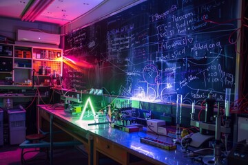 A physics laboratory with particle accelerators, laser beams, and blackboards filled with equations and formulas, Generative AI