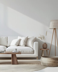 Serene interiors composition depicting a chic and minimalist living room design