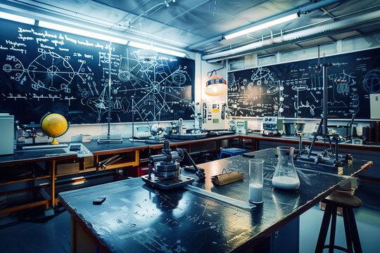 A physics laboratory with particle accelerators, laser beams, and blackboards filled with equations and formulas, Generative AI