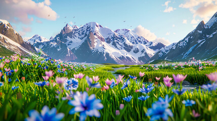 Alpine Meadow in Full Bloom, Scenic Mountains and Spring Flowers