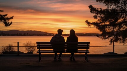 Fototapeta na wymiar couple sitting on a bench at sunset