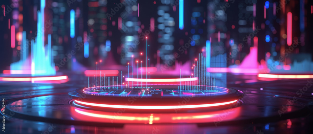 Poster an illuminated futuristic platform with glowing neon lights and holographic data projections in a da