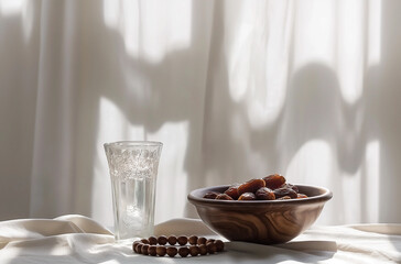 a bowl of dates, a prayer beads, a glass and a copy of the Holy Quran over white background