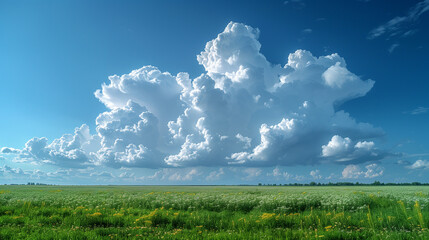 White clouds over the green field