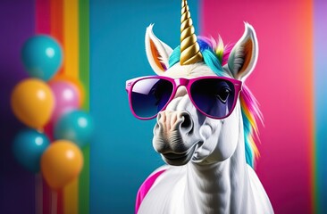 Funny unicorn wearing sunglasses in studio with a colorful and bright background.   © Kseniya Ananko