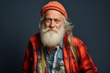 Studio portrait of a senior hipster with long white beard and mustache.