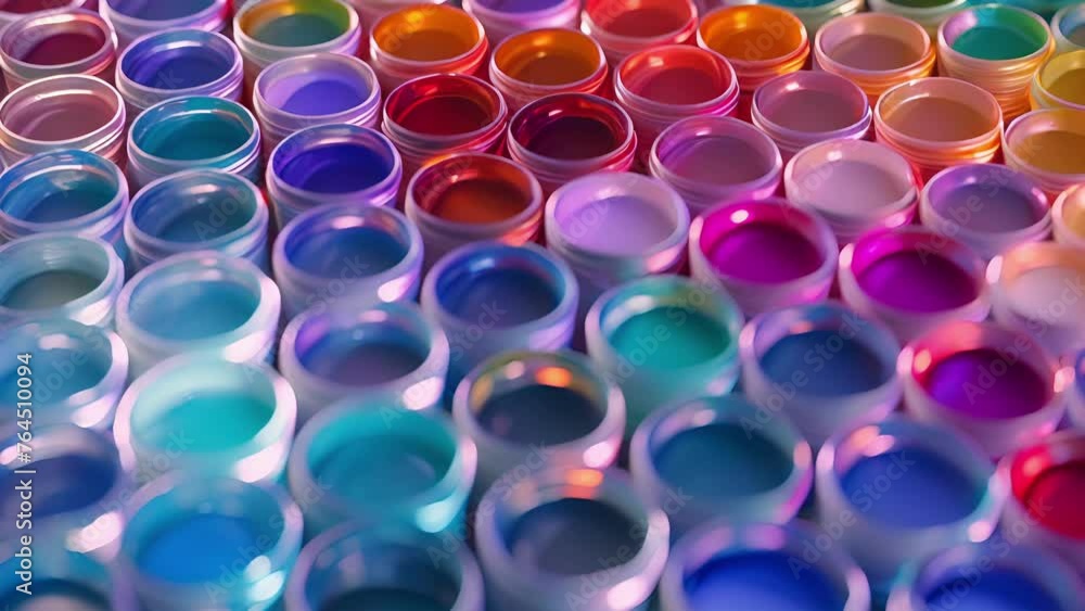 Poster a shot of a tray filled with pots of watercolor paints each color blending into the next creating a 