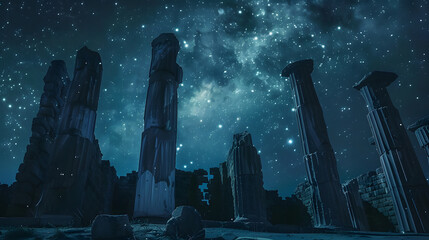 Majestic ancient pillars reaching towards a glittering Milky Way, bridging the realms of history and the infinite cosmos