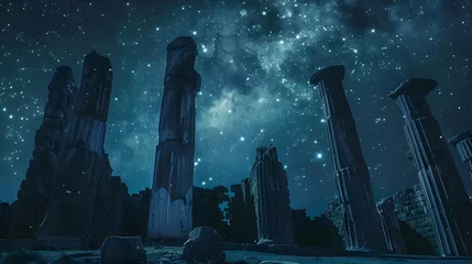 Deurstickers Majestic ancient pillars reaching towards a glittering Milky Way, bridging the realms of history and the infinite cosmos © Panupong Ws