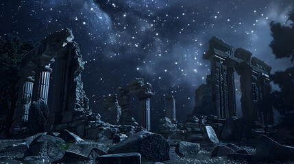 Timeless ruins under a brilliant starry sky, a silent homage to past civilizations amidst the nocturnal serenity