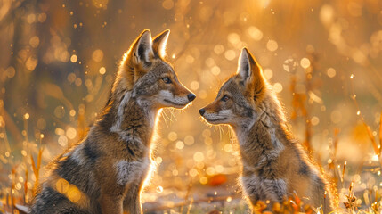 Foxes Engaging in Playful Interaction at Dusk. - obrazy, fototapety, plakaty