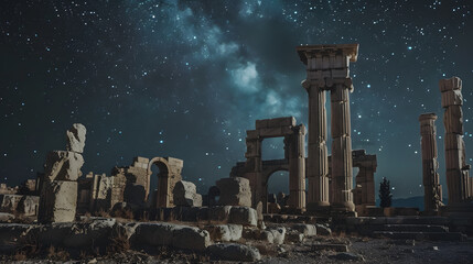 Ruins whispering tales of yore under the tranquil tapestry of a cosmic night sky