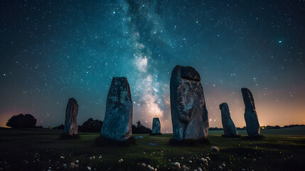 Ancient stone circle standing solemnly under a magnificent Milky Way, echoing celestial mysteries from a bygone era