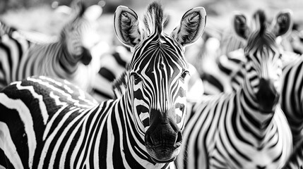 Fototapeta na wymiar Zebra Staring Intently Amongst Herd.