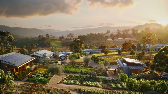 Imagine a community focused on sustainable farming, with eco-friendly homes, communal 