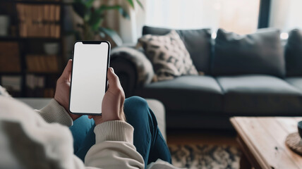 a person holding an SmartPhone with a white screen, sitting on the couch in their living room, mockup