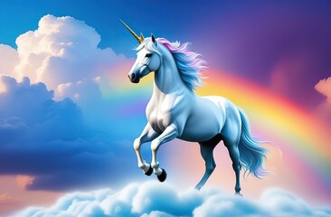 Obraz na płótnie Canvas Illustration of a majestic unicorn standing on a fluffy cloud with a vibrant rainbow backdrop