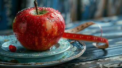 A vibrant red apple rests delicately on a white plate beside a measuring tape, symbolizing the balance between diet, healthy eating, and weight loss