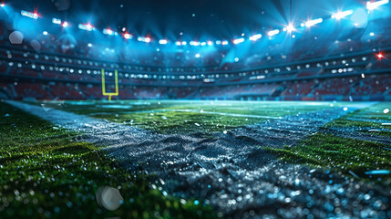 Closeup of American football stadium, detailed field lines and turf, vibrant and immersive