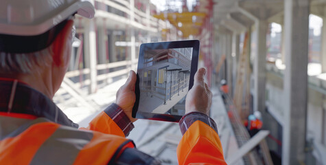 construction workers using an iPad to view architectural blueprints and design plans on the screen, with other busy work in the background
