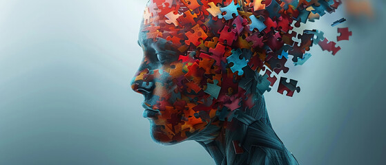 Illustrative 3D human head with floating puzzle pieces, representing cognitive processes - obrazy, fototapety, plakaty