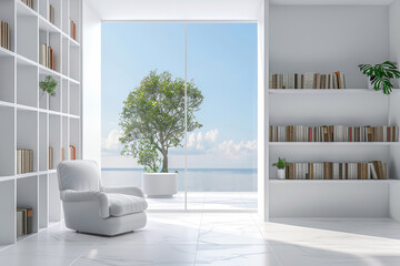 Living room with white walls bookshelves