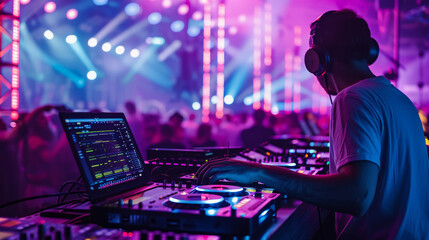 Panda DJ rocking a cyber city concert, neon lights, futuristic urban vibe