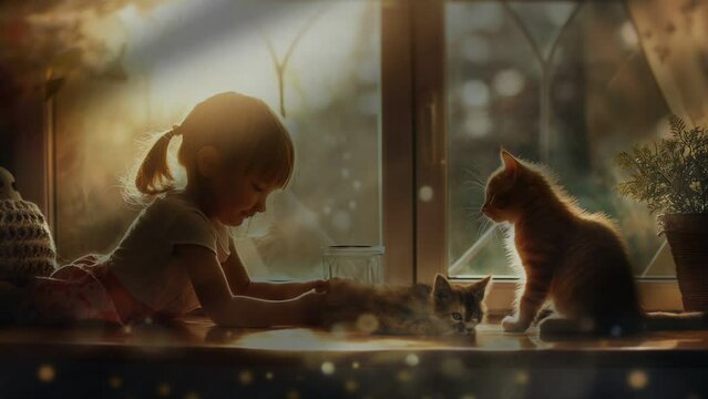 child playing with cat, seamless looping 4k animation video background 