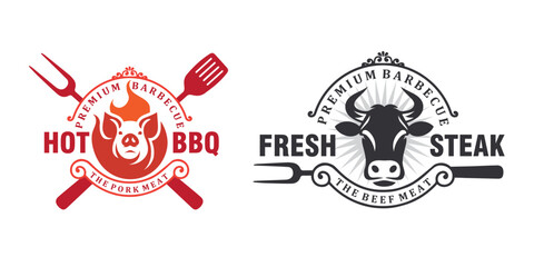 barbeque grill bbq barbecue emblem badge set vintage logo vector graphic template - obrazy, fototapety, plakaty