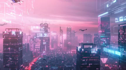 Zelfklevend Fotobehang Imagine a digital landscape that encapsulates the essence of a futuristic city at twilight.  © Bophe