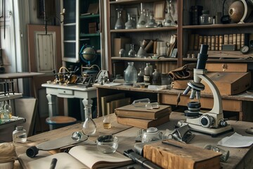A vintage laboratory with old-fashioned glassware, antique microscopes, and shelves filled with dusty books and journals, Generative AI
