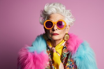 Fashionable senior woman in sunglasses and colorful clothes posing in studio.