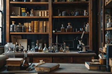 A vintage laboratory with old-fashioned glassware, antique microscopes, and shelves filled with...