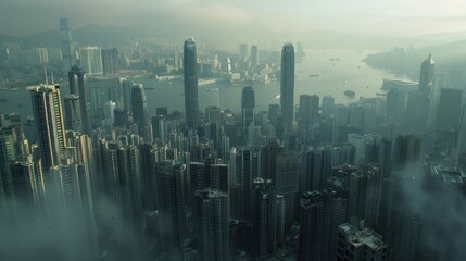 Imagine a dystopian city with towering skyscrapers, dense smog, and stark contrasts between wealthy and impoverished areas  - obrazy, fototapety, plakaty